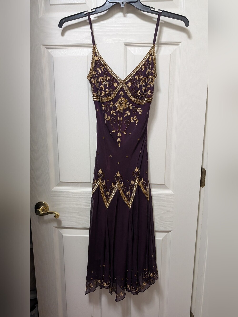 Adrianna Papell Evening Purple Beaded Sequin Dress Sheer Overlay Size 6